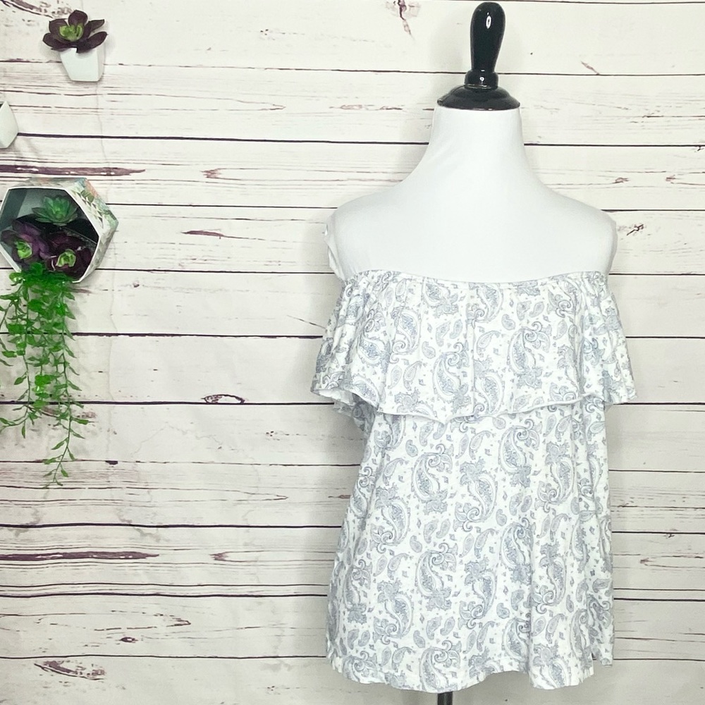 Blue & White Paisley Off The Shoulder Ruffle Summer Casual Top Size Large